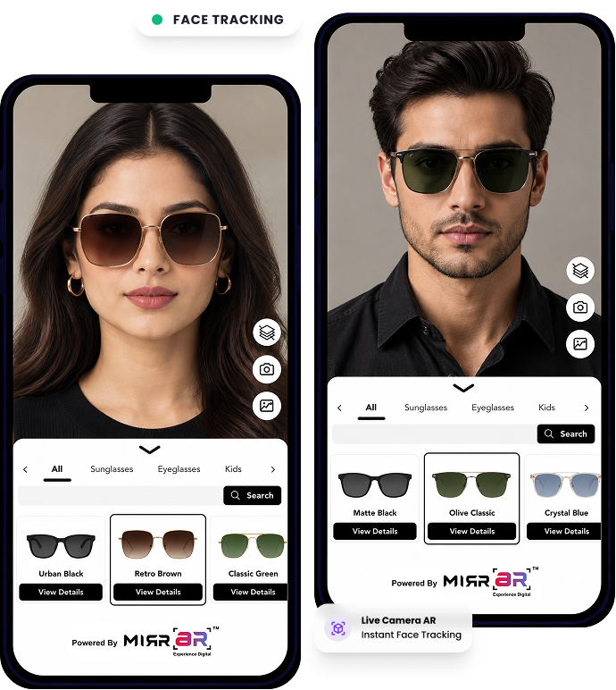Two phones running the MirrAR eyewear try-on: a woman in gold sunglasses and a man in green ones