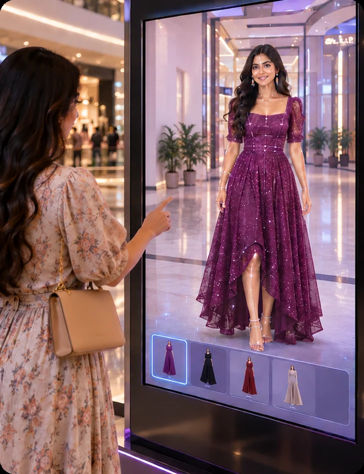 A shopper pointing at a smart mirror in a mall that shows her wearing a purple gown