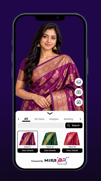 A woman virtually trying on a purple silk saree