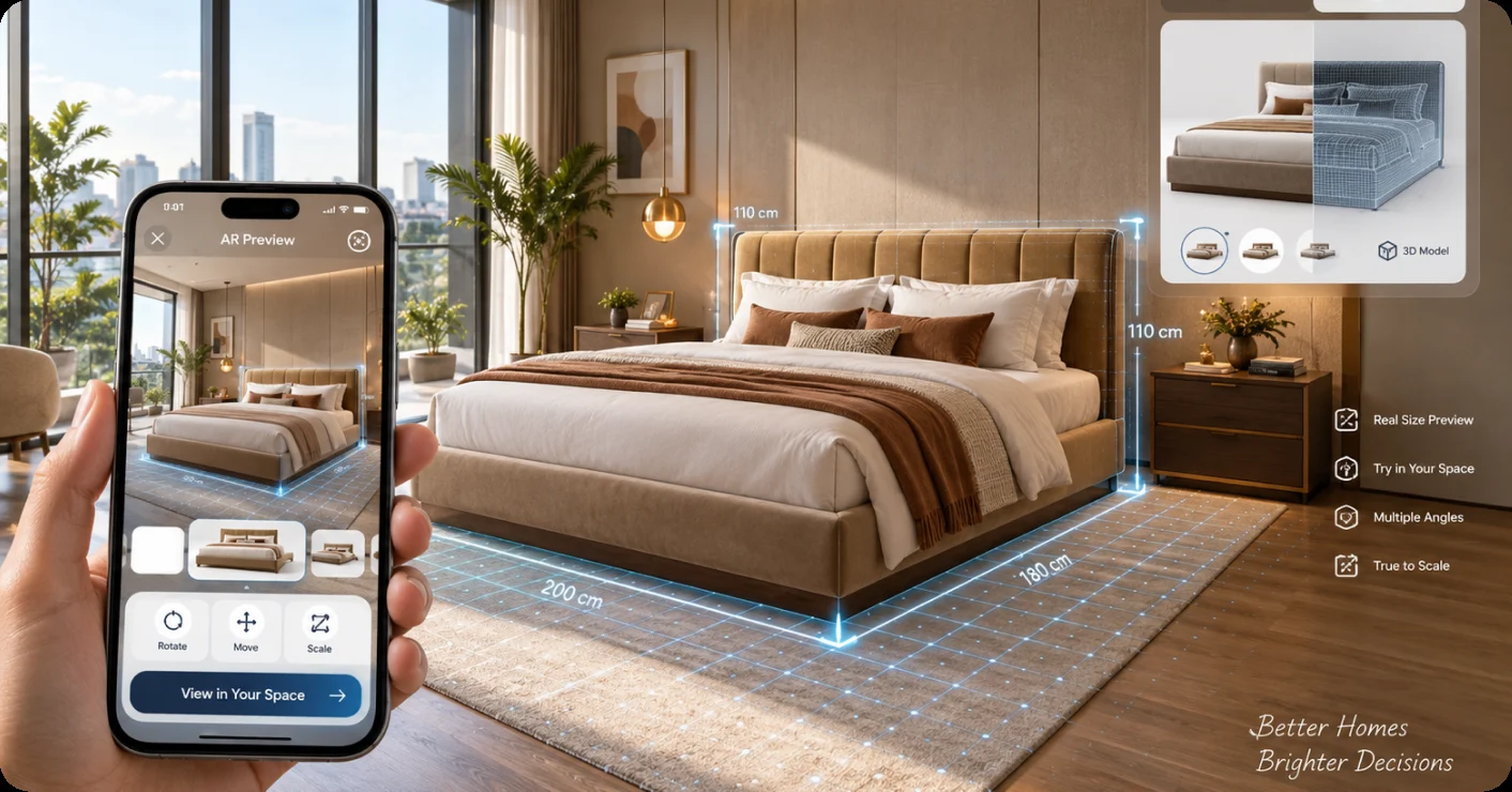 A bedroom with a bed measured 200 by 180 by 110 cm in AR, previewed on a phone
