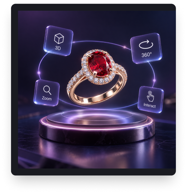 A ruby ring on a pedestal with 3D, 360°, zoom and interact controls