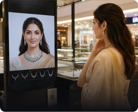 A shopper trying jewellery on at a MirrAR smart mirror kiosk in a store