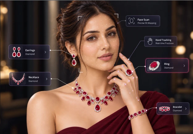 Real-time face tracking placing a ruby necklace and earrings on a model