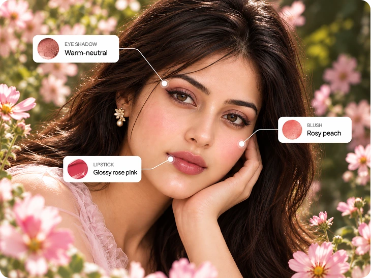 A model among spring flowers with eyeshadow, lipstick and blush shades labelled