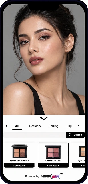 The MirrAR makeup try-on running on a phone, with eyeshadow palettes to choose from