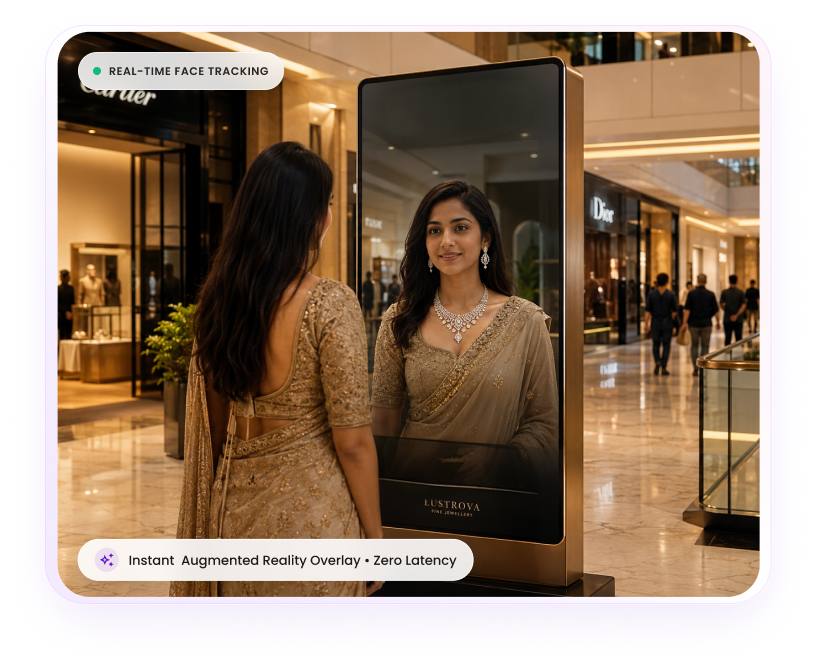 A shopper in a saree trying on a necklace in a MirrAR smart mirror kiosk in a mall