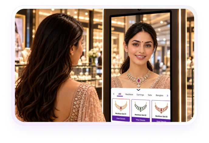 A shopper trying on a necklace in the kiosk mirror, with the product catalogue on screen