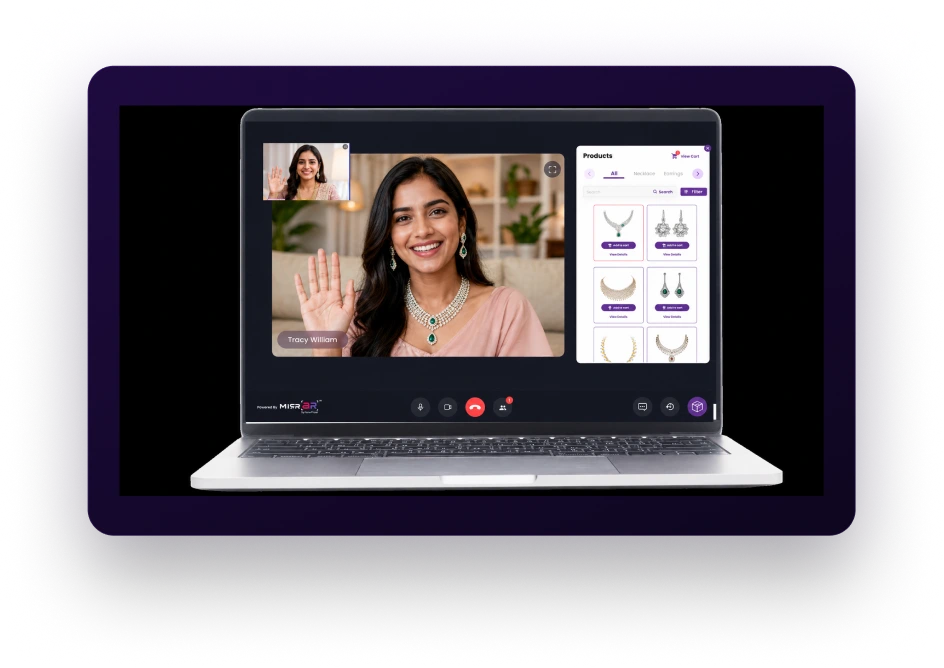 A laptop showing a live video call with a jewellery expert and the products she is sharing