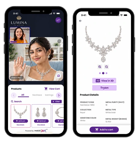 Two phones: a live video call with a jewellery expert, and a necklace product page with Show in 3D and Tryon buttons