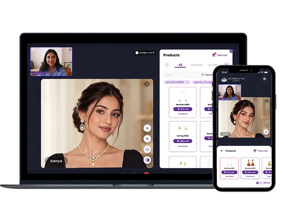 MirrAR Live on a laptop and phone: an expert on video beside earrings and necklaces