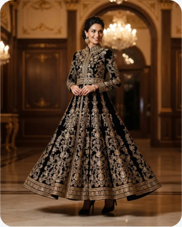 Model in a black embroidered gown in a palace hall