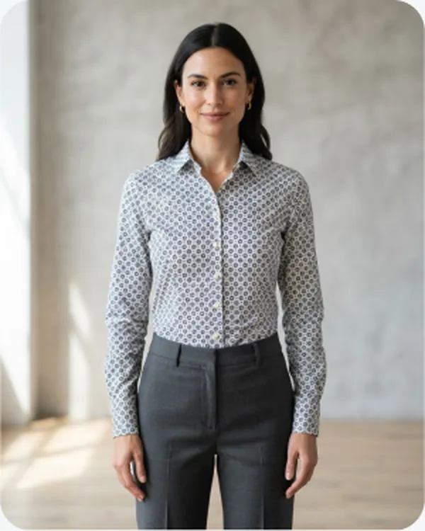 Woman in a checked shirt and grey trousers
