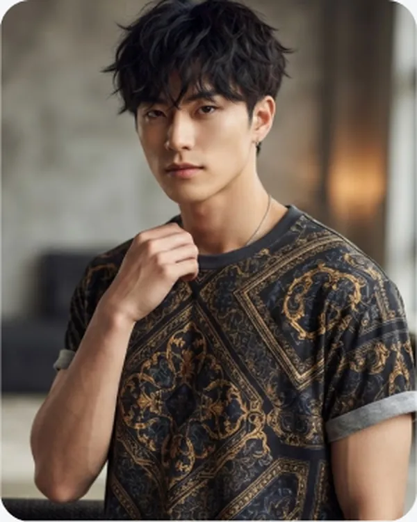 Model in a printed shirt against a dark ground