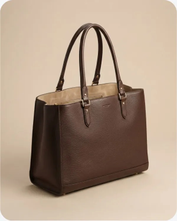 Brown leather tote on a plain ground