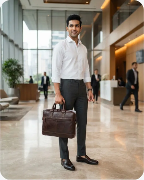 Man carrying a leather briefcase indoors