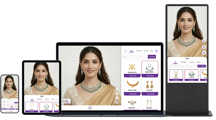 The same try-on running on a phone, tablet, laptop and in-store kiosk