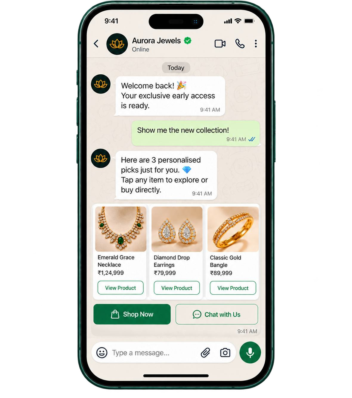 A jewellery shop sending three personalised picks with Shop Now and Chat with Us buttons in WhatsApp