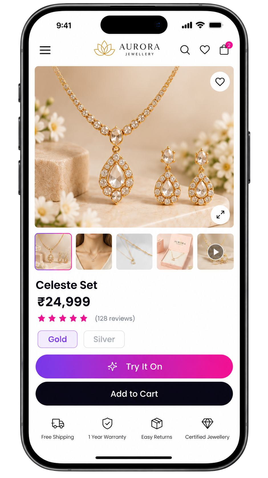 The same jewellery shop’s product page, with a Try It On button